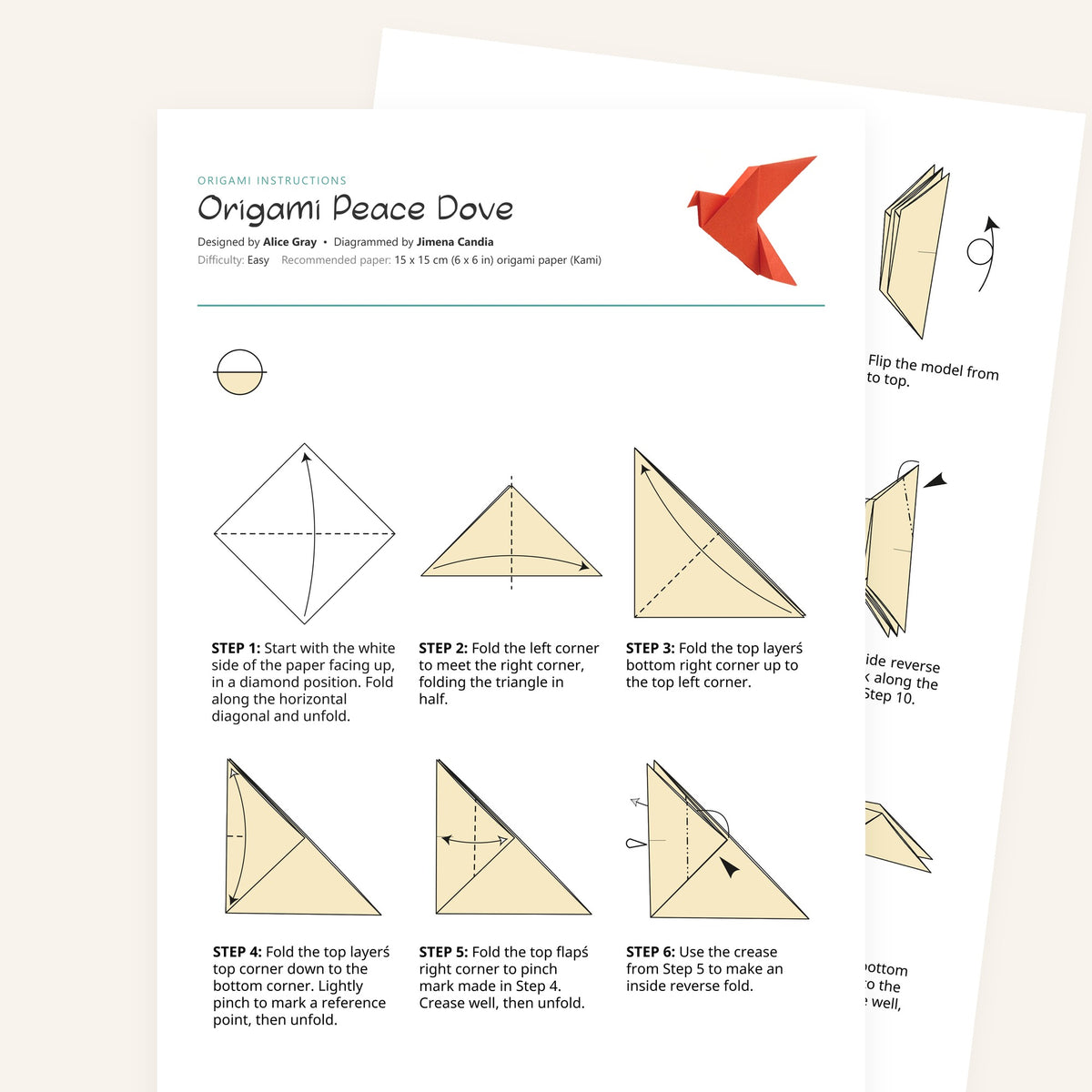 Origami Peace Dove Printable Instructions, a printable PDF of step-by-step origami folding diagrams