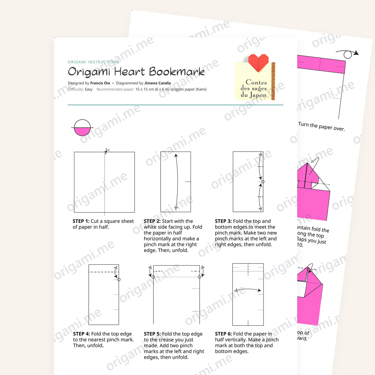 Origami Heart Bookmark Printable Instructions, a printable PDF of step-by-step origami folding diagrams