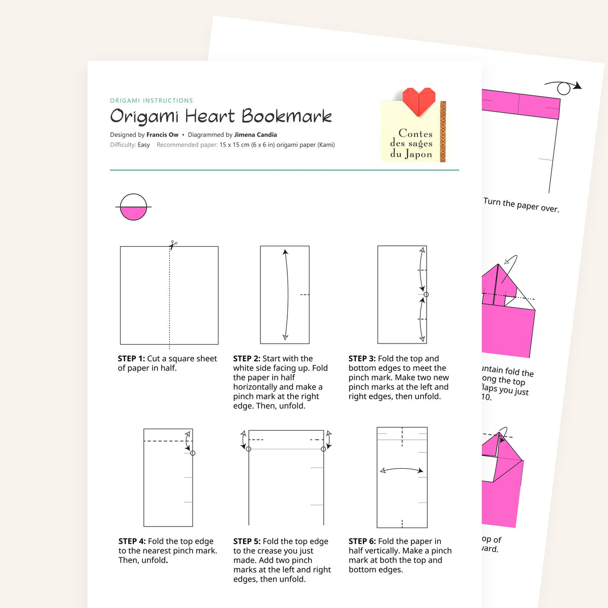 Origami Heart Bookmark Printable Instructions, a printable PDF of step-by-step origami folding diagrams