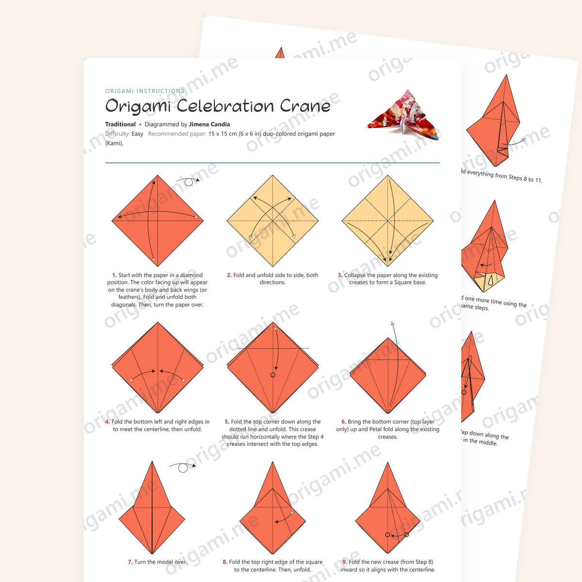 Origami Celebration Crane Printable Instructions, a printable PDF of step-by-step origami folding diagrams