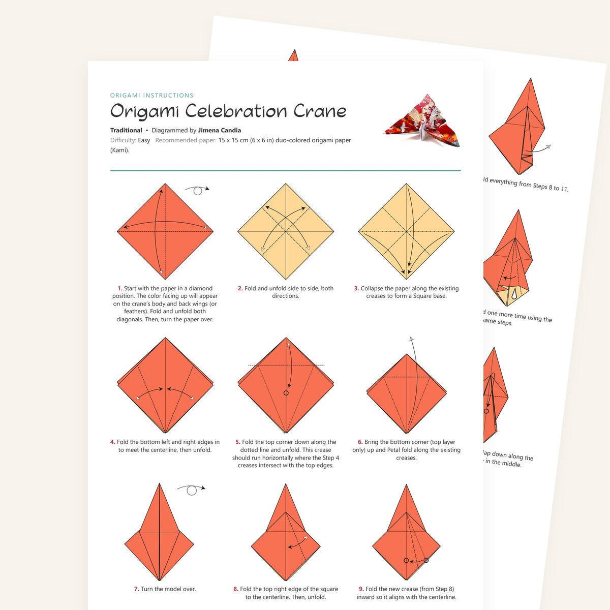 Origami Celebration Crane Printable Instructions, a printable PDF of step-by-step origami folding diagrams