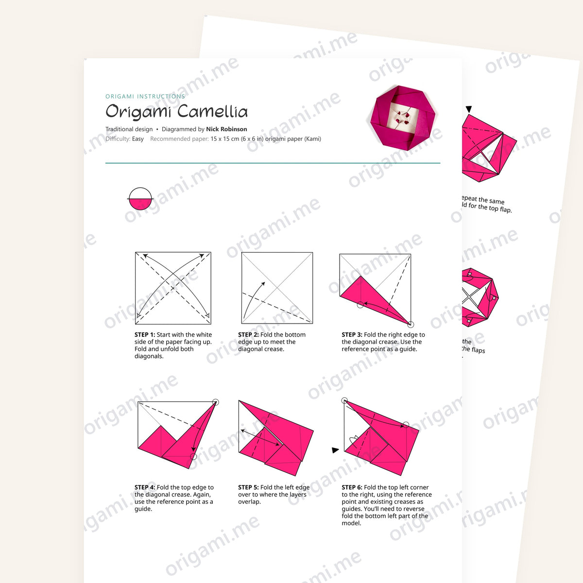 Origami Camellia Printable Instructions, a printable PDF of step-by-step origami folding diagrams