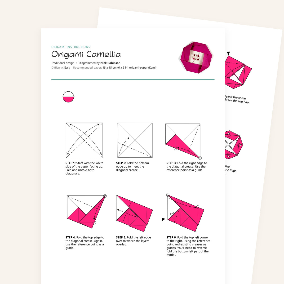 Origami Camellia Printable Instructions, a printable PDF of step-by-step origami folding diagrams