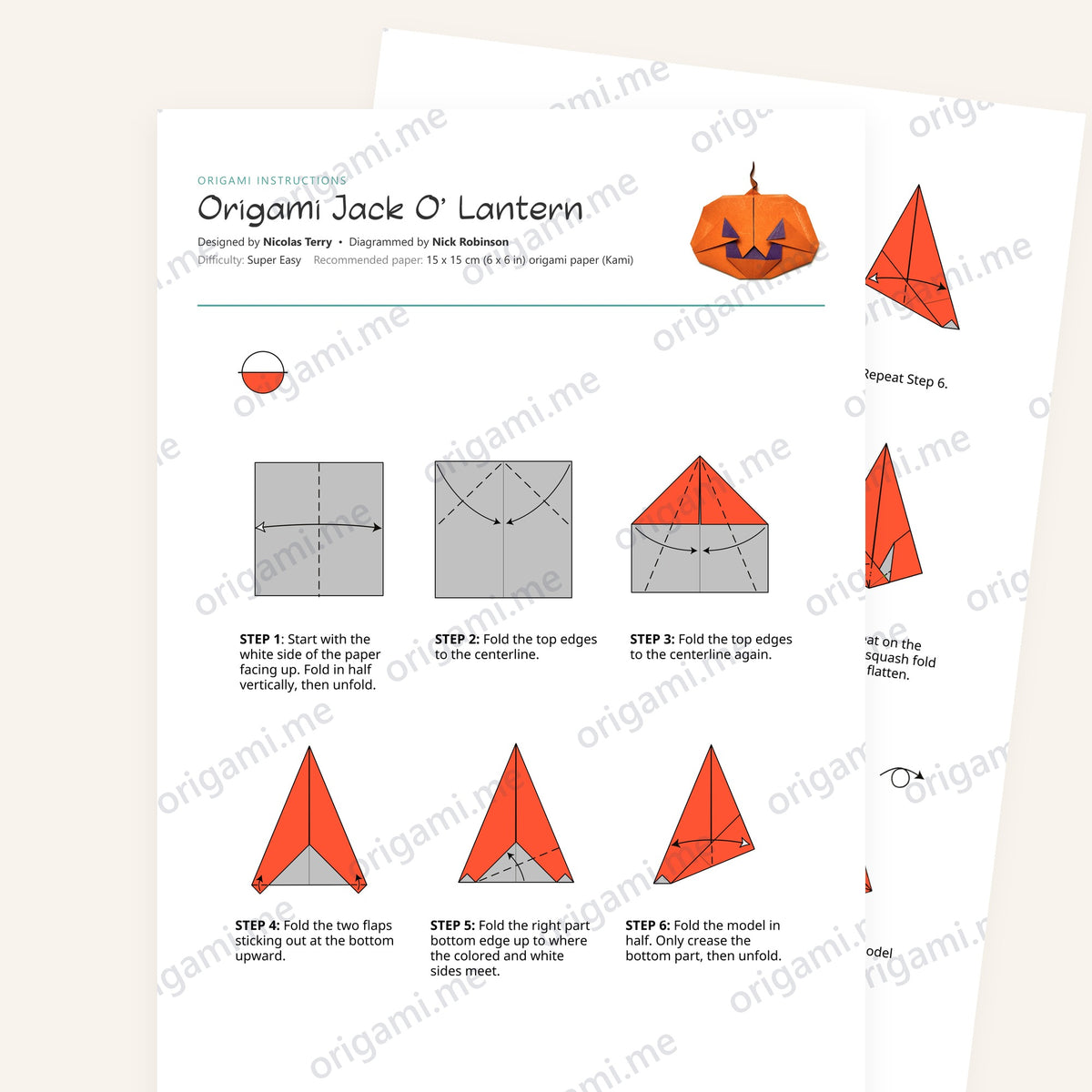 Origami Jack-O'-Lantern Printable Instructions, a printable PDF of step-by-step origami folding diagrams