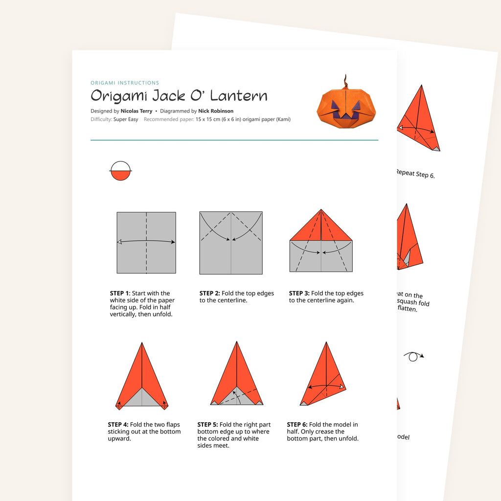 Origami Jack-O'-Lantern Printable Instructions, a printable PDF of step-by-step origami folding diagrams