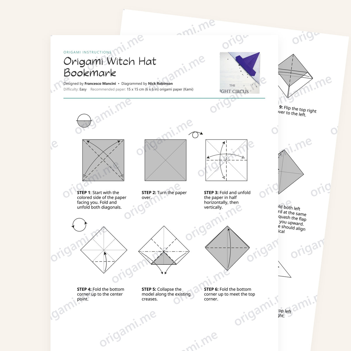 Origami Witch Hat Bookmark Printable Instructions, a printable PDF of step-by-step origami folding diagrams