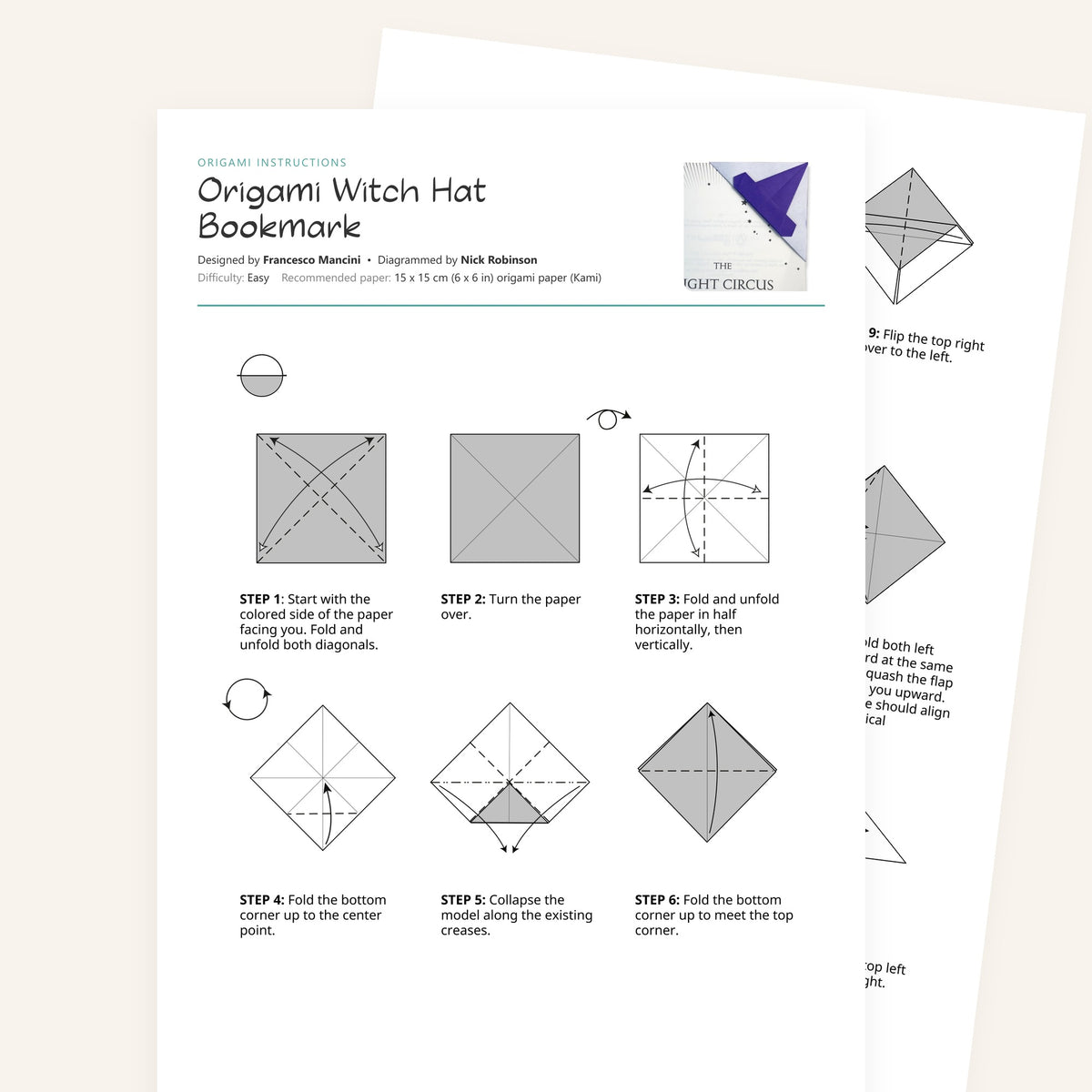 Origami Witch Hat Bookmark Printable Instructions, a printable PDF of step-by-step origami folding diagrams