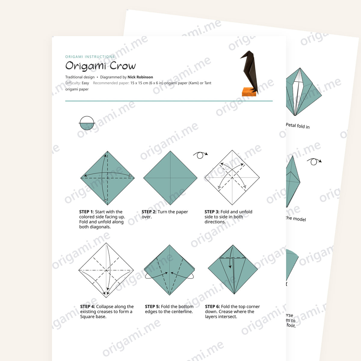 Origami Crow Printable Instructions, a printable PDF of step-by-step origami folding diagrams
