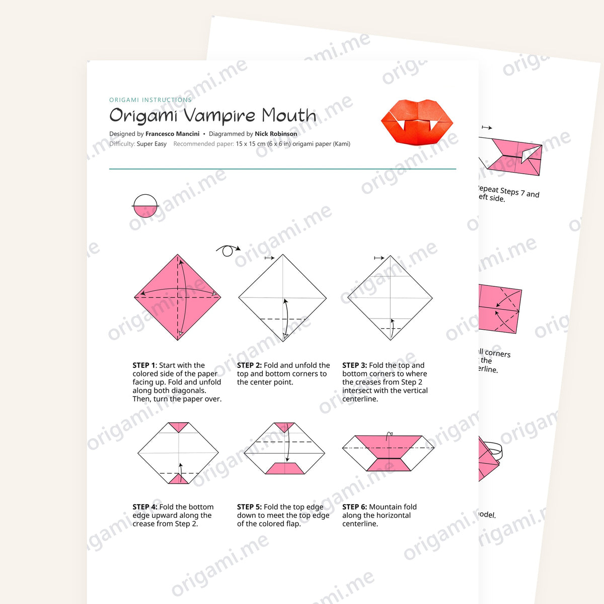 Origami Vampire Mouth Printable Instructions, a printable PDF of step-by-step origami folding diagrams