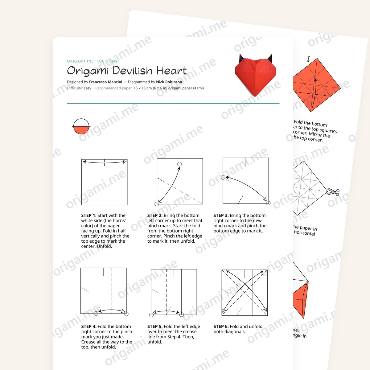 Origami Devilish Heart Printable Instructions, a printable PDF of step-by-step origami folding diagrams