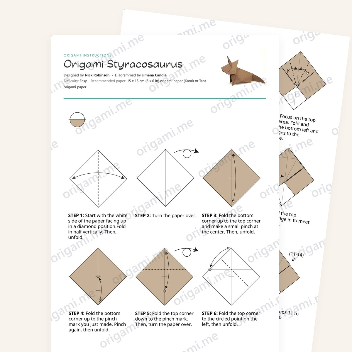 Origami Styracosaurus Printable Instructions, a printable PDF of step-by-step origami folding diagrams