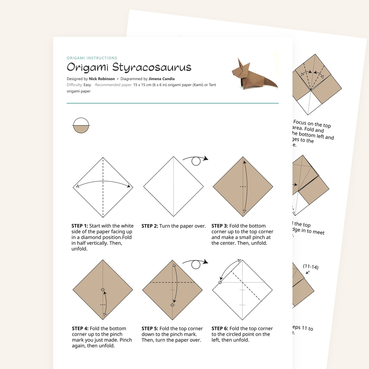 Origami Styracosaurus Printable Instructions, a printable PDF of step-by-step origami folding diagrams