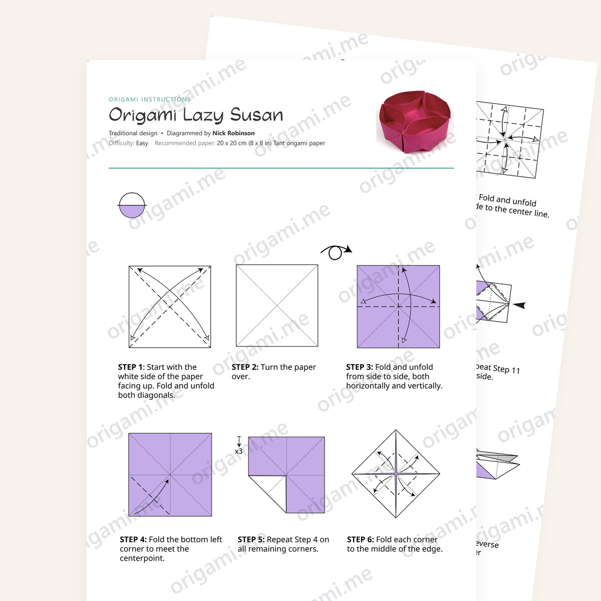 Origami Lazy Susan Printable Instructions, a printable PDF of step-by-step origami folding diagrams