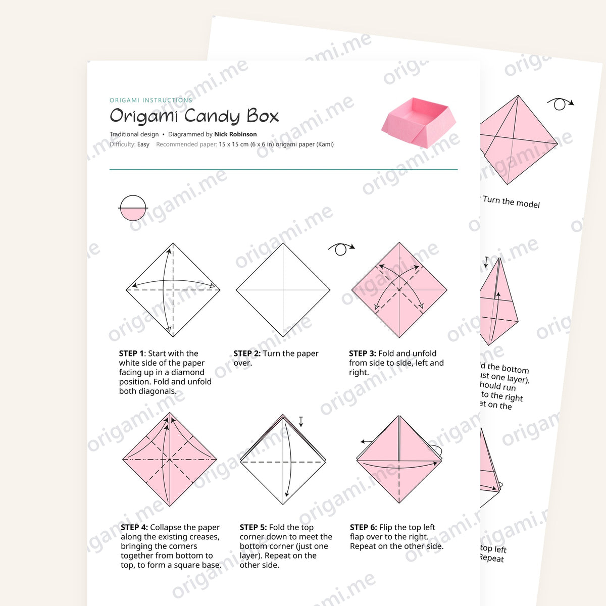 Origami Candy Box Printable Instructions, a printable PDF of step-by-step origami folding diagrams
