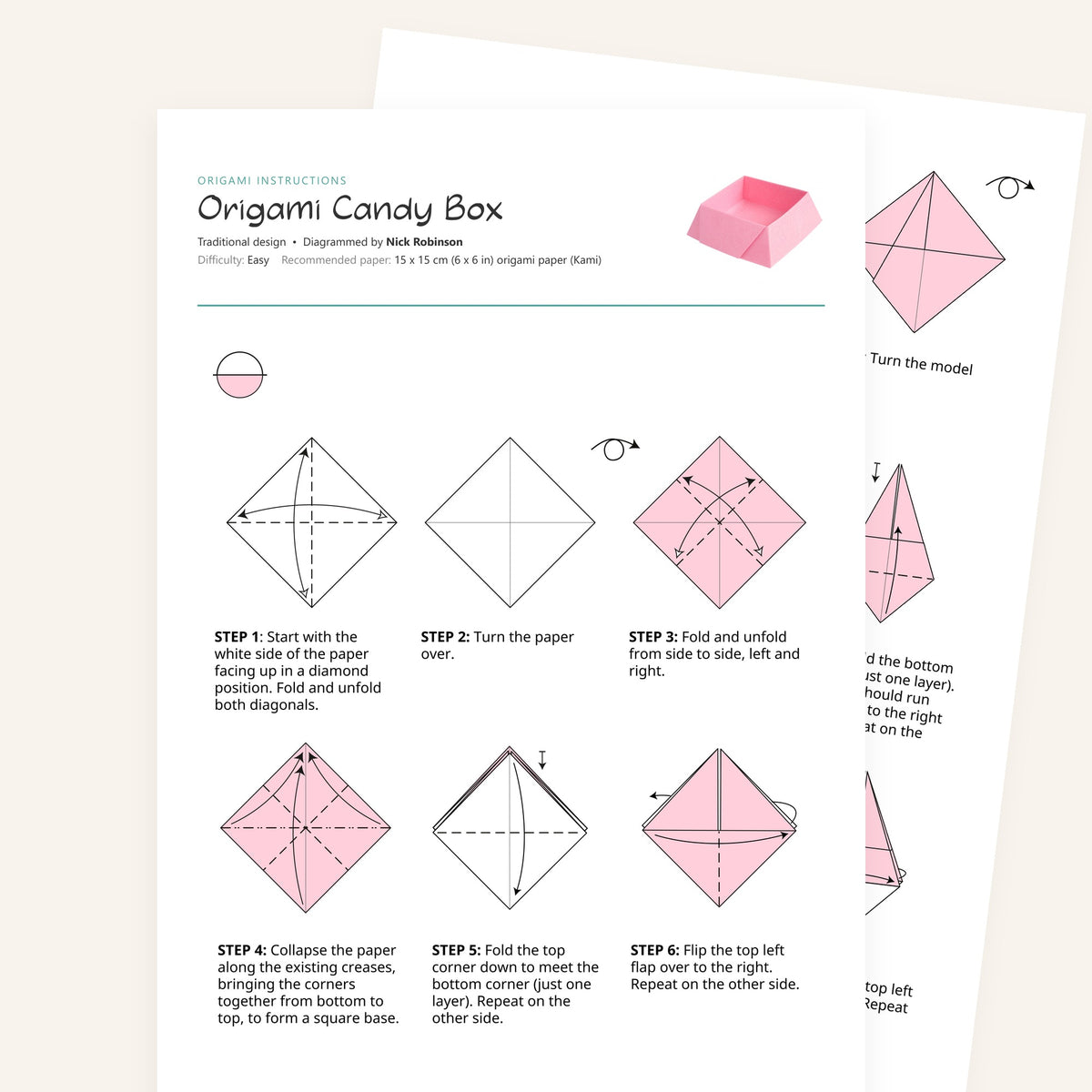 Origami Candy Box Printable Instructions, a printable PDF of step-by-step origami folding diagrams