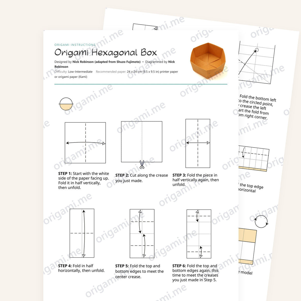 Origami Hexagonal Box Printable Instructions, a printable PDF of step-by-step origami folding diagrams