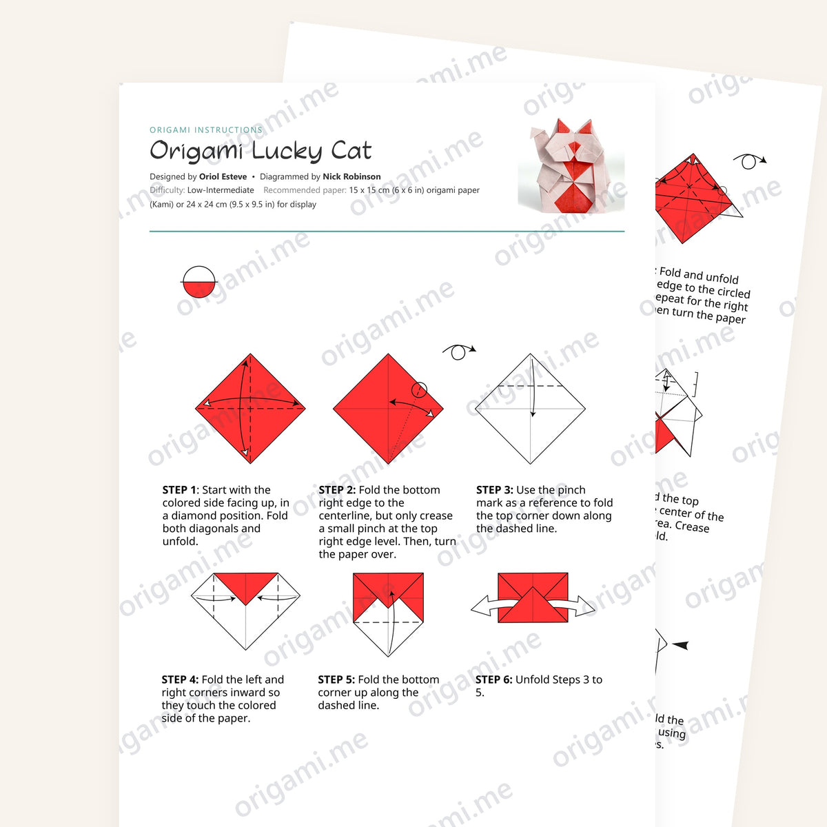 Origami Lucky Cat Printable Instructions, a printable PDF of step-by-step origami folding diagrams