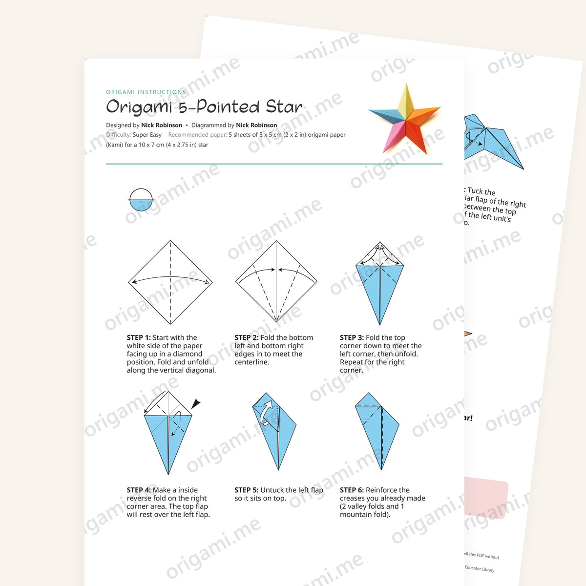 Origami 5-Pointed Star Printable Instructions, a printable PDF of step-by-step origami folding diagrams