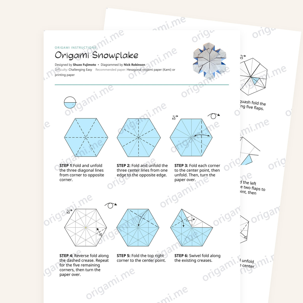 Origami Snowflake Printable Instructions, a printable PDF of step-by-step origami folding diagrams