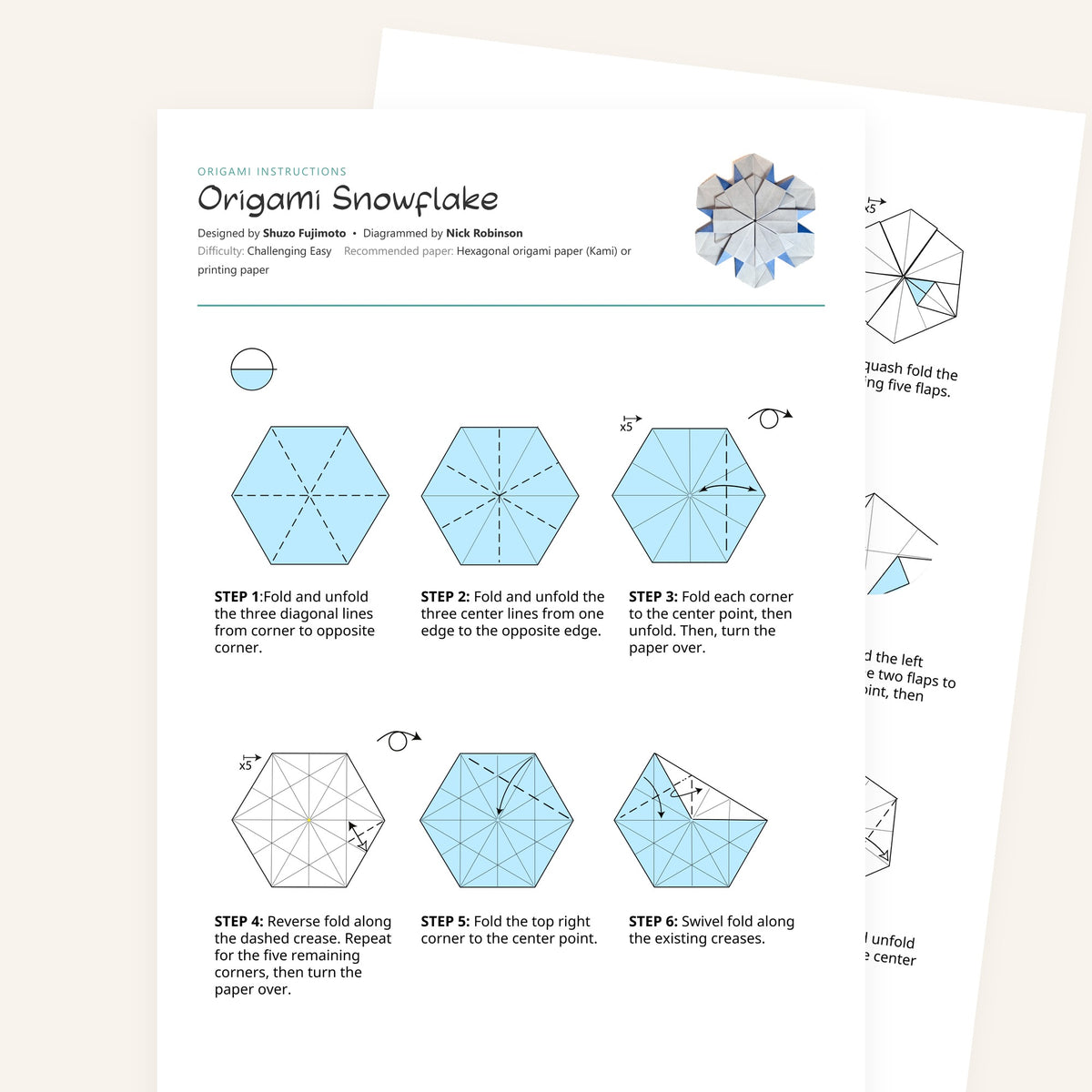 Origami Snowflake Printable Instructions, a printable PDF of step-by-step origami folding diagrams