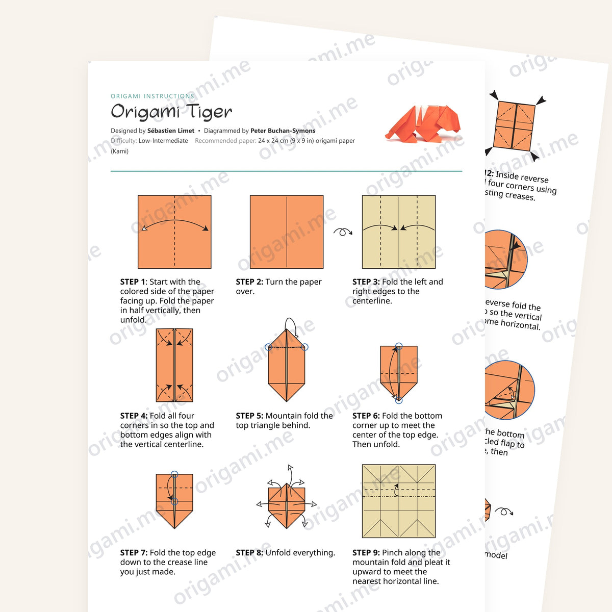 Origami Tiger Printable Instructions, a printable PDF of step-by-step origami folding diagrams