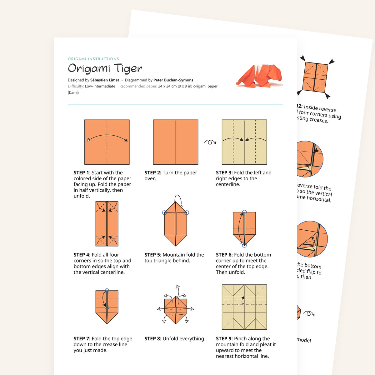 Origami Tiger Printable Instructions, a printable PDF of step-by-step origami folding diagrams
