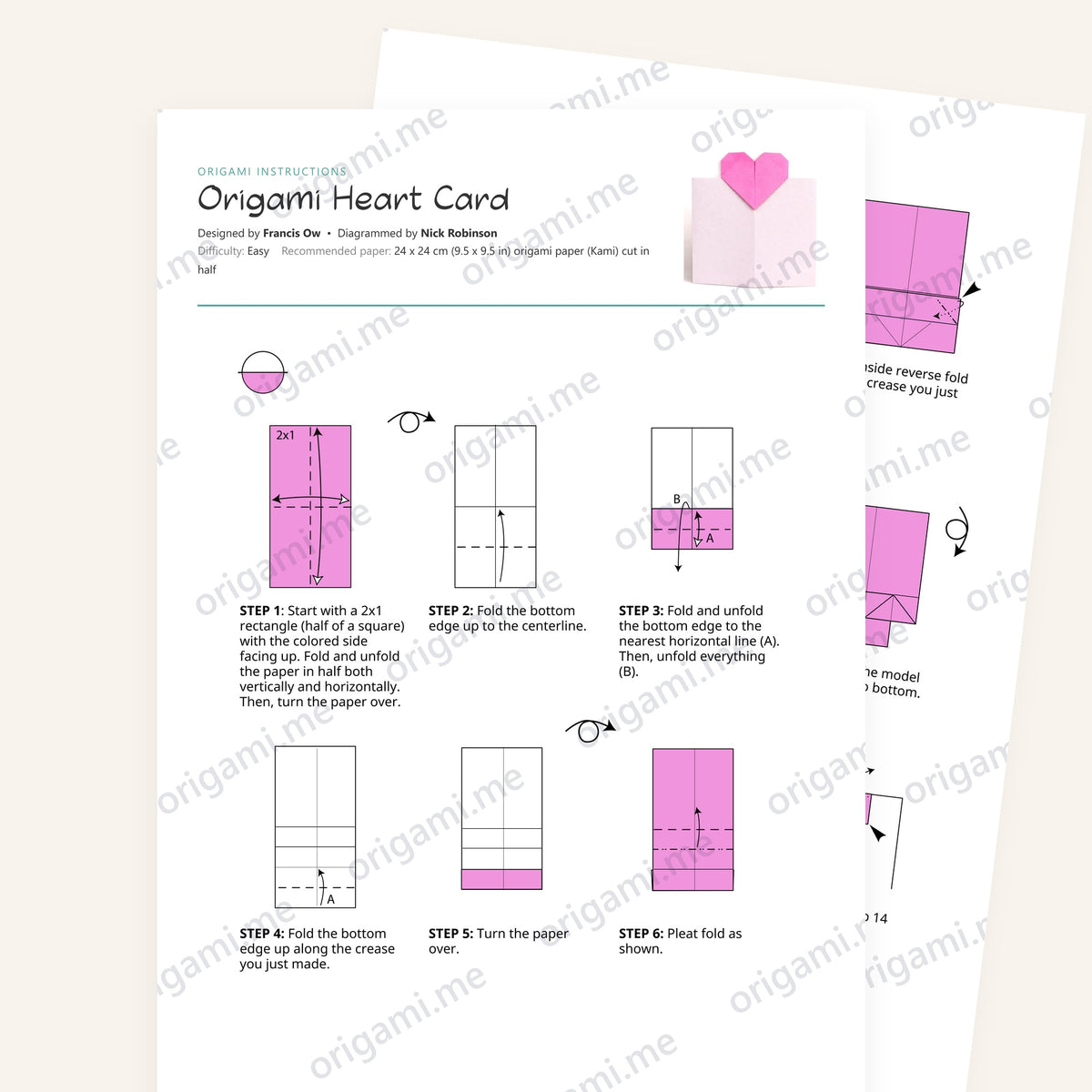 Origami Ow's Heart Card Printable Instructions, a printable PDF of step-by-step origami folding diagrams
