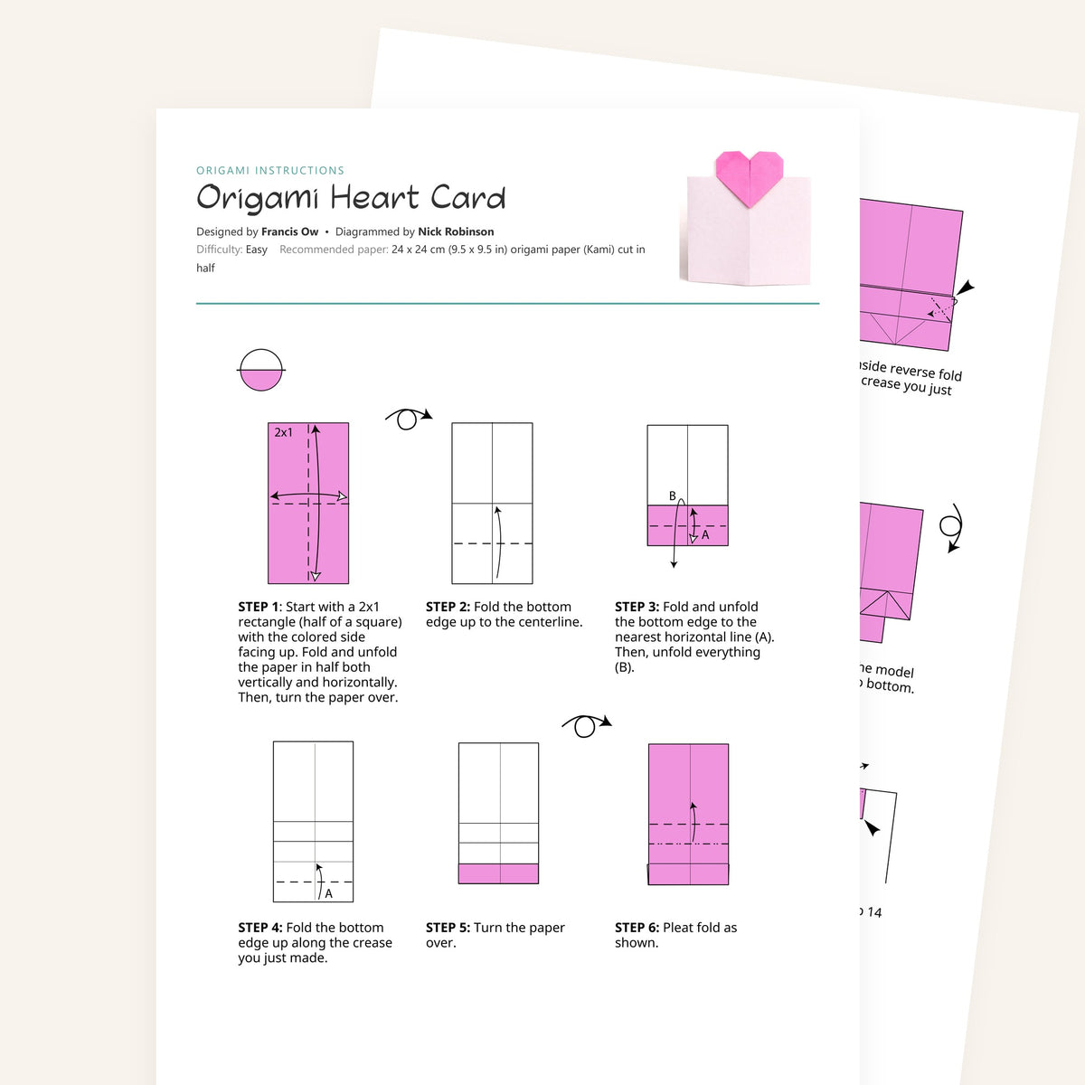 Origami Ow's Heart Card Printable Instructions, a printable PDF of step-by-step origami folding diagrams