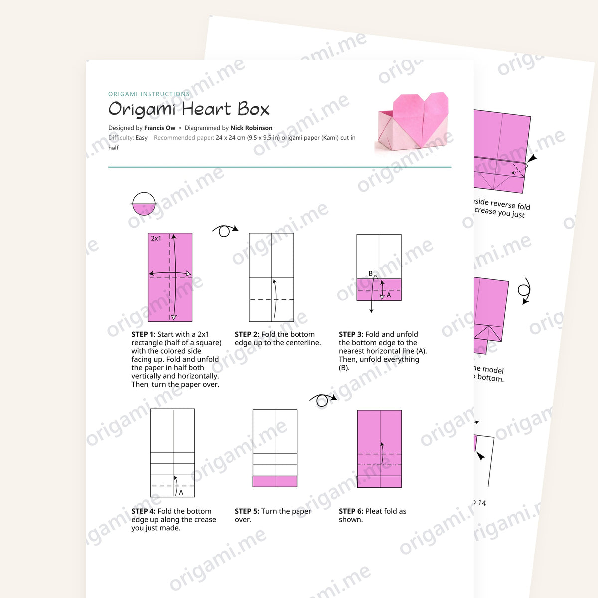 Origami Heart Box Printable Instructions, a printable PDF of step-by-step origami folding diagrams