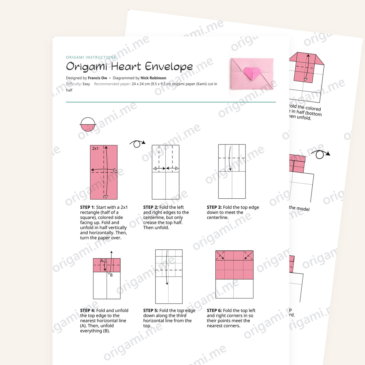 Origami Heart Envelope Printable Instructions, a printable PDF of step-by-step origami folding diagrams
