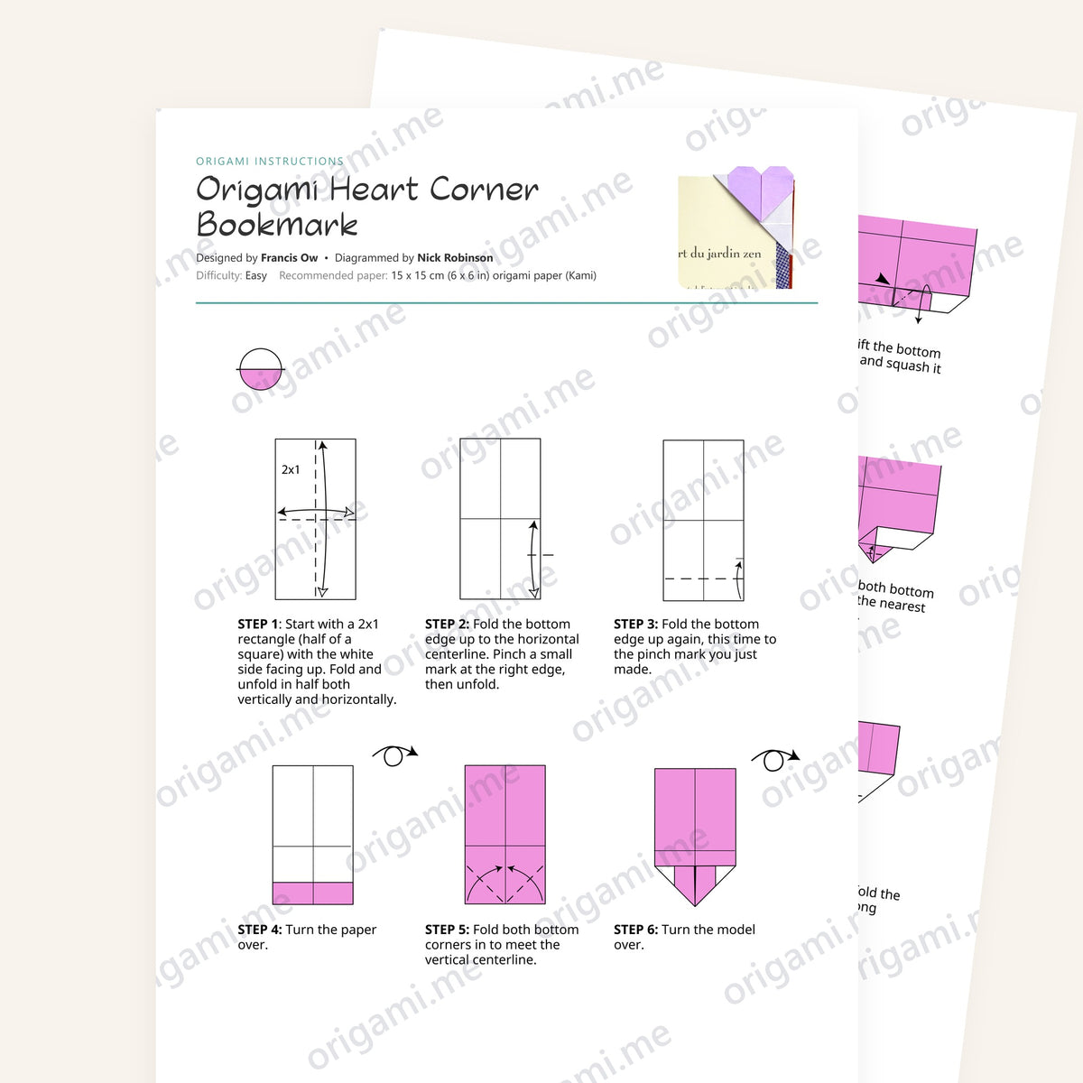 Origami Heart Corner Bookmark Printable Instructions, a printable PDF of step-by-step origami folding diagrams