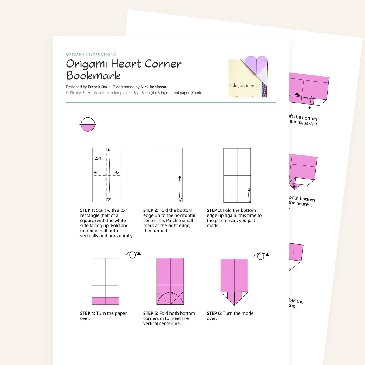 Origami Heart Corner Bookmark Printable Instructions, a printable PDF of step-by-step origami folding diagrams