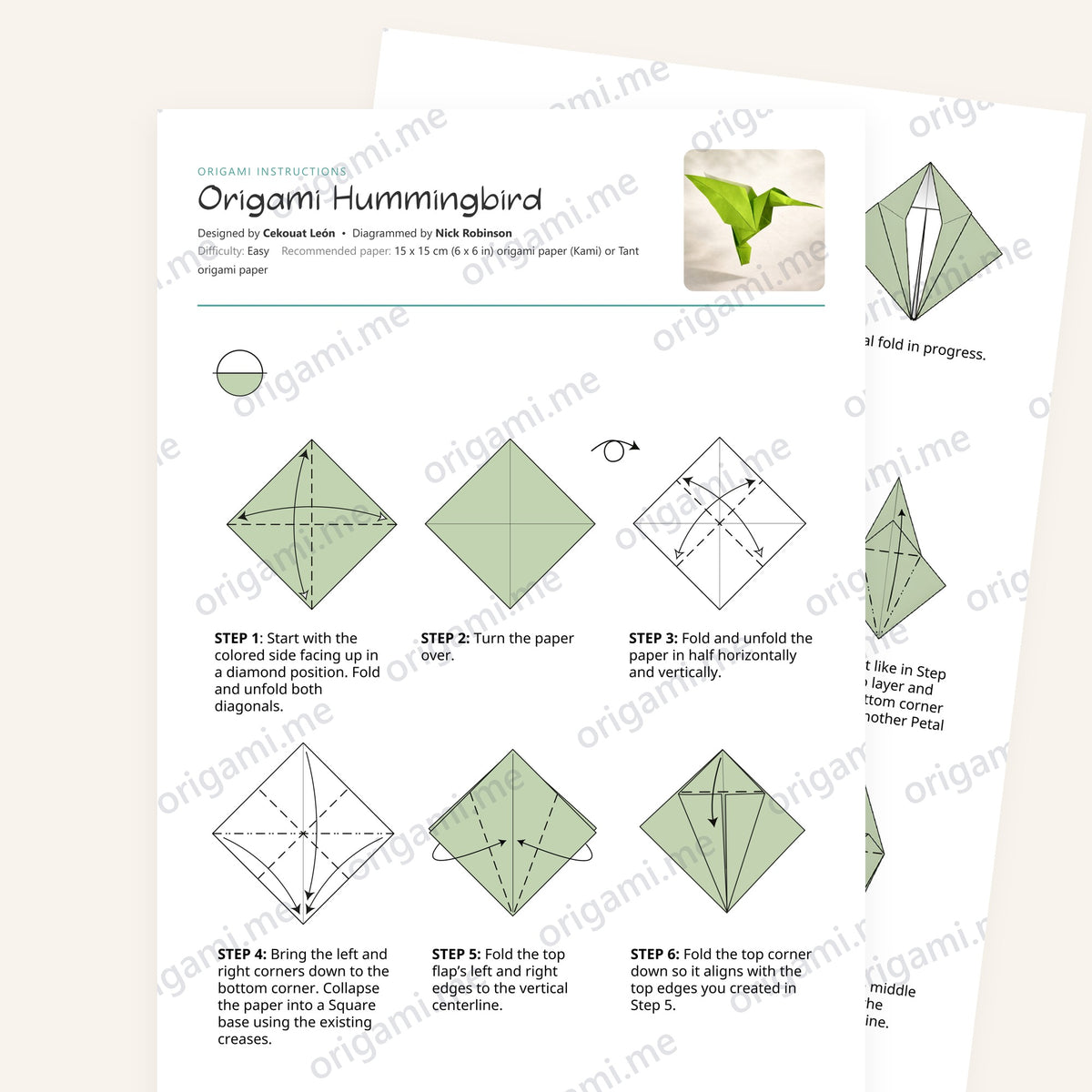 Origami Hummingbird Printable Instructions, a printable PDF of step-by-step origami folding diagrams