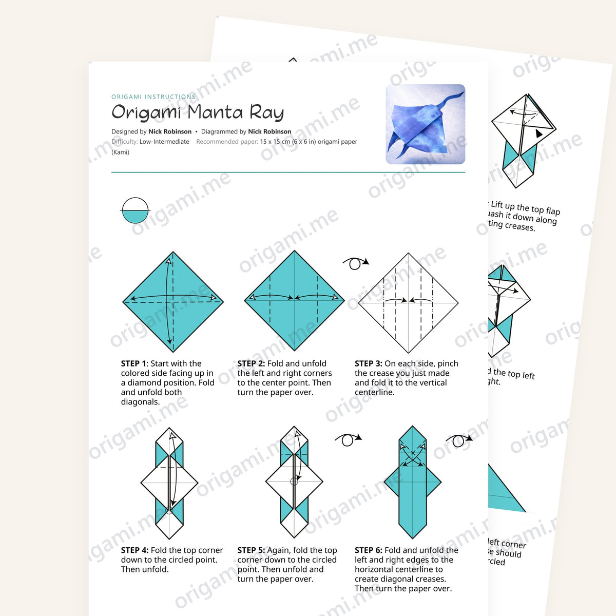 Origami Manta Ray Printable Instructions, a printable PDF of step-by-step origami folding diagrams