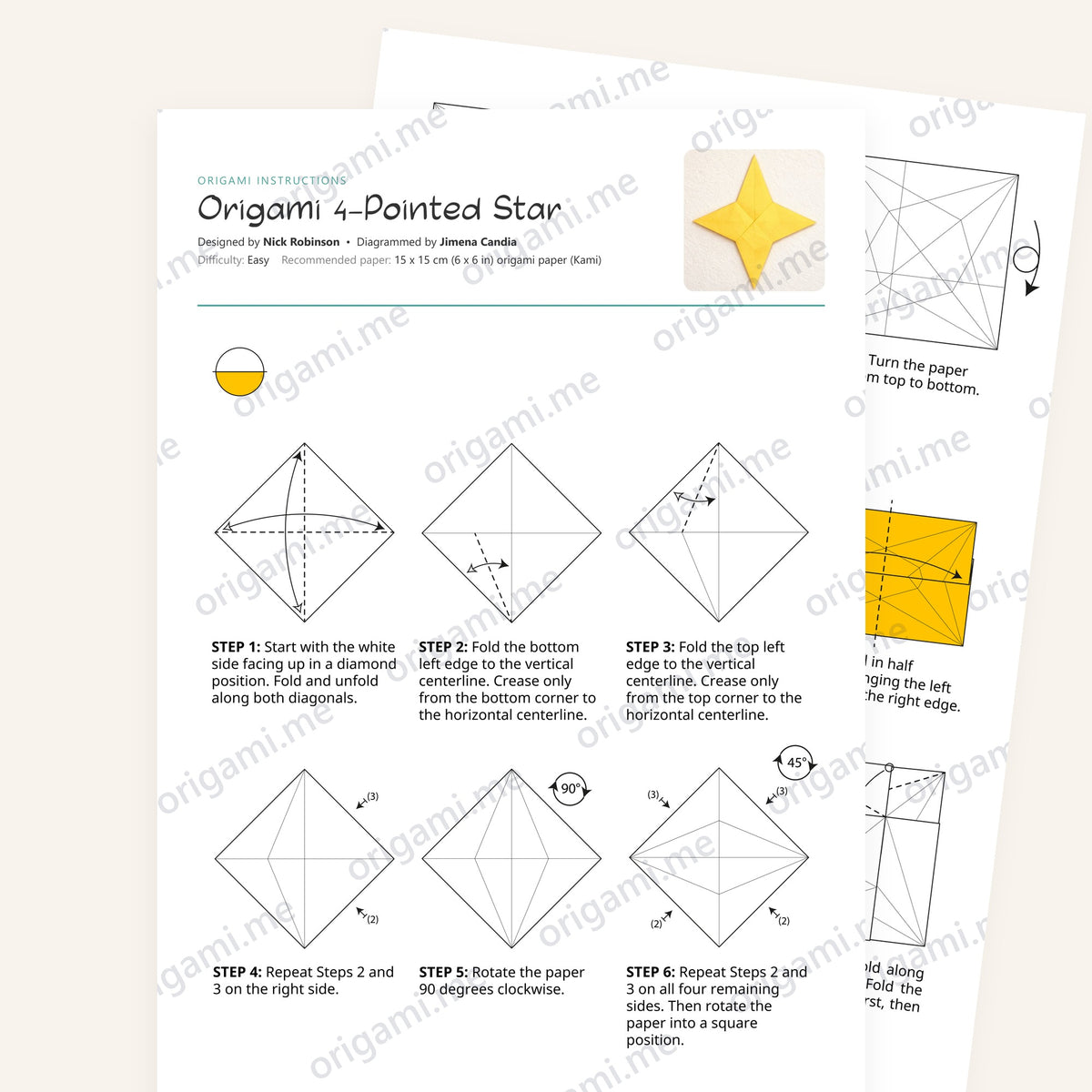 Origami 4-pointed Star Printable Instructions, a printable PDF of step-by-step origami folding diagrams
