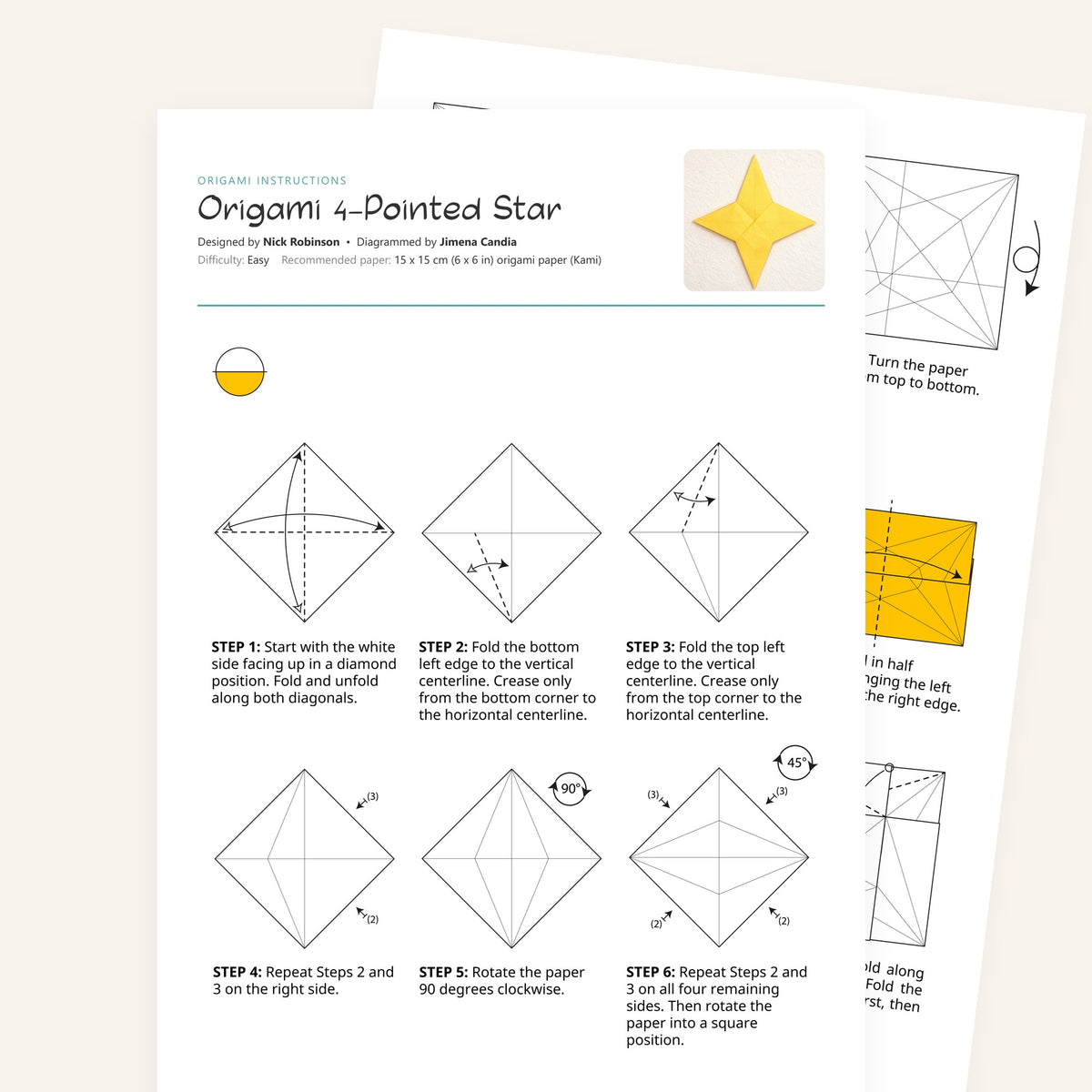 Origami 4-pointed Star Printable Instructions, a printable PDF of step-by-step origami folding diagrams