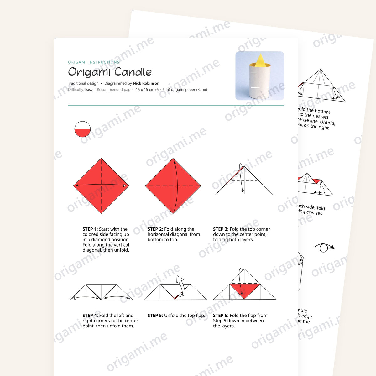 Origami Candle Printable Instructions, a printable PDF of step-by-step origami folding diagrams