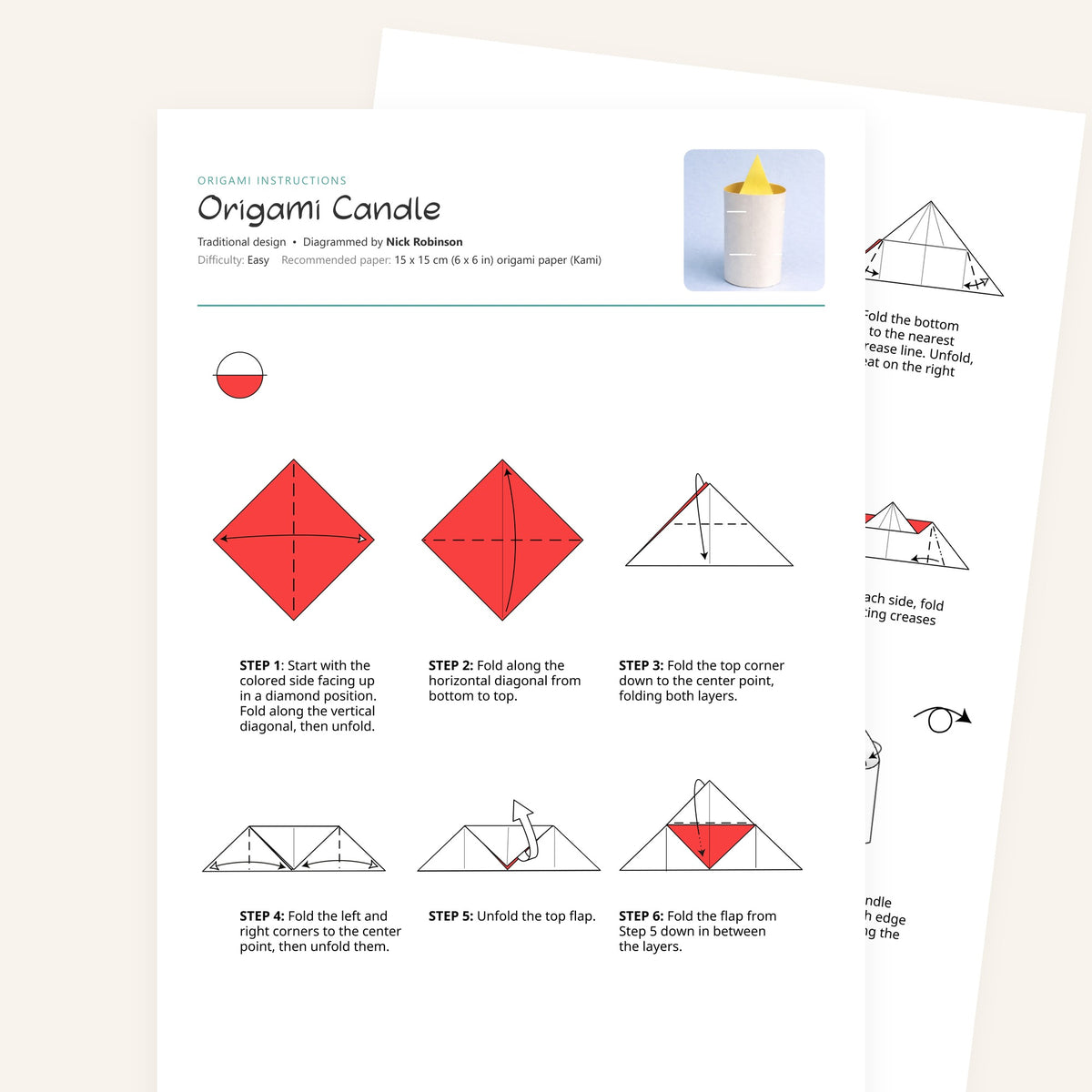 Origami Candle Printable Instructions, a printable PDF of step-by-step origami folding diagrams