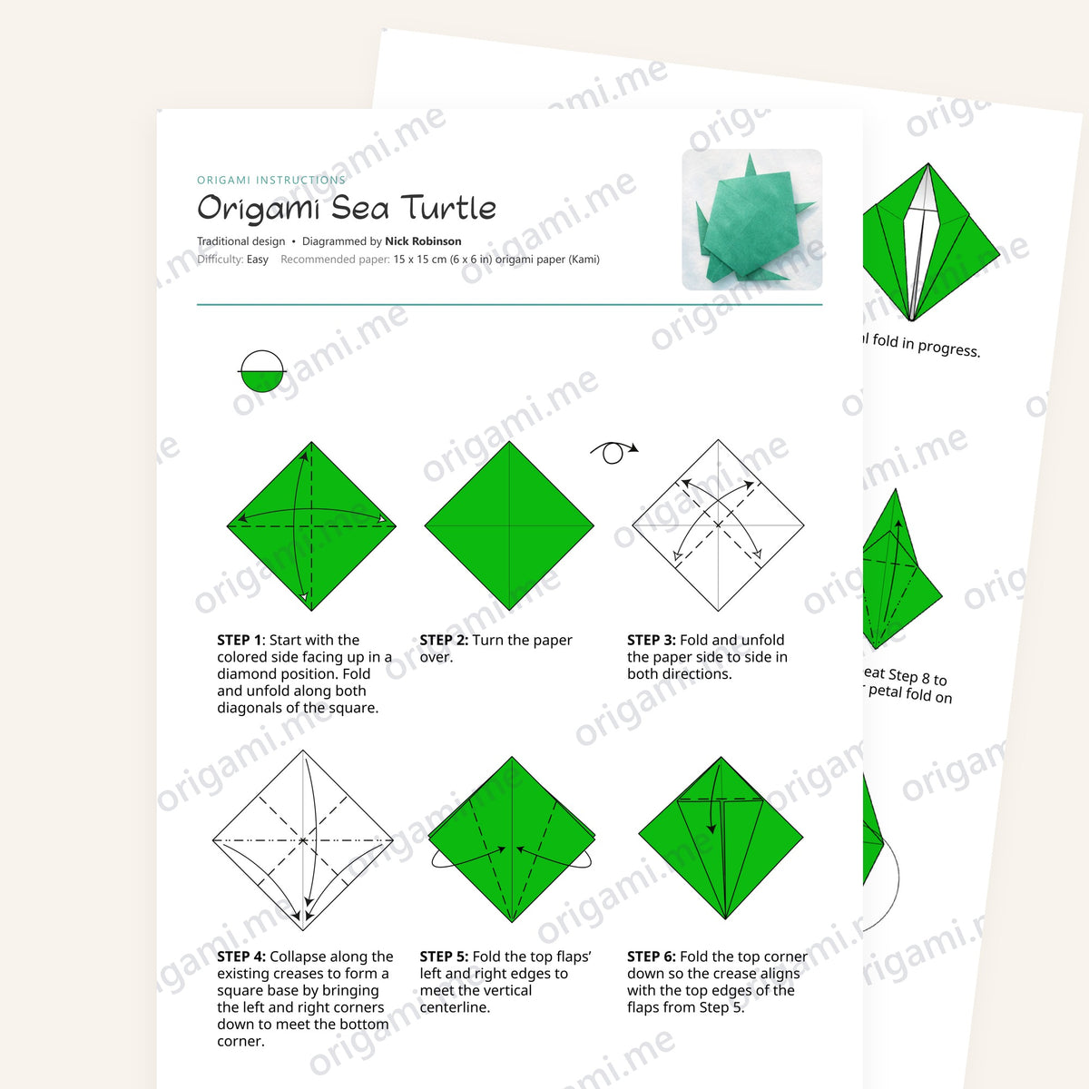 Origami Sea Turtle Printable Instructions, a printable PDF of step-by-step origami folding diagrams