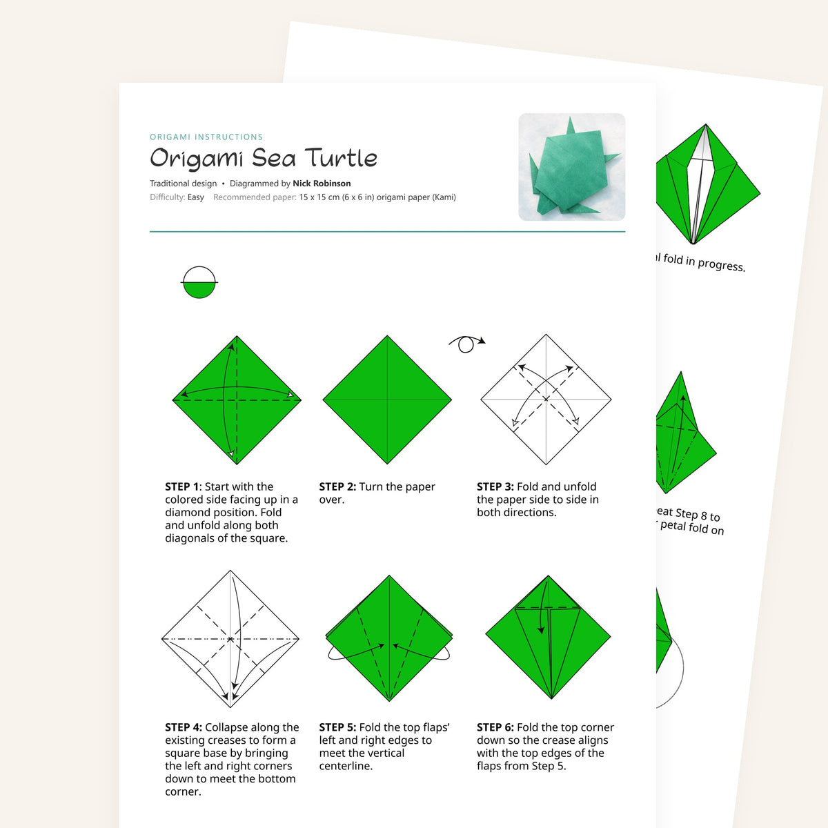 Origami Sea Turtle Printable Instructions, a printable PDF of step-by-step origami folding diagrams