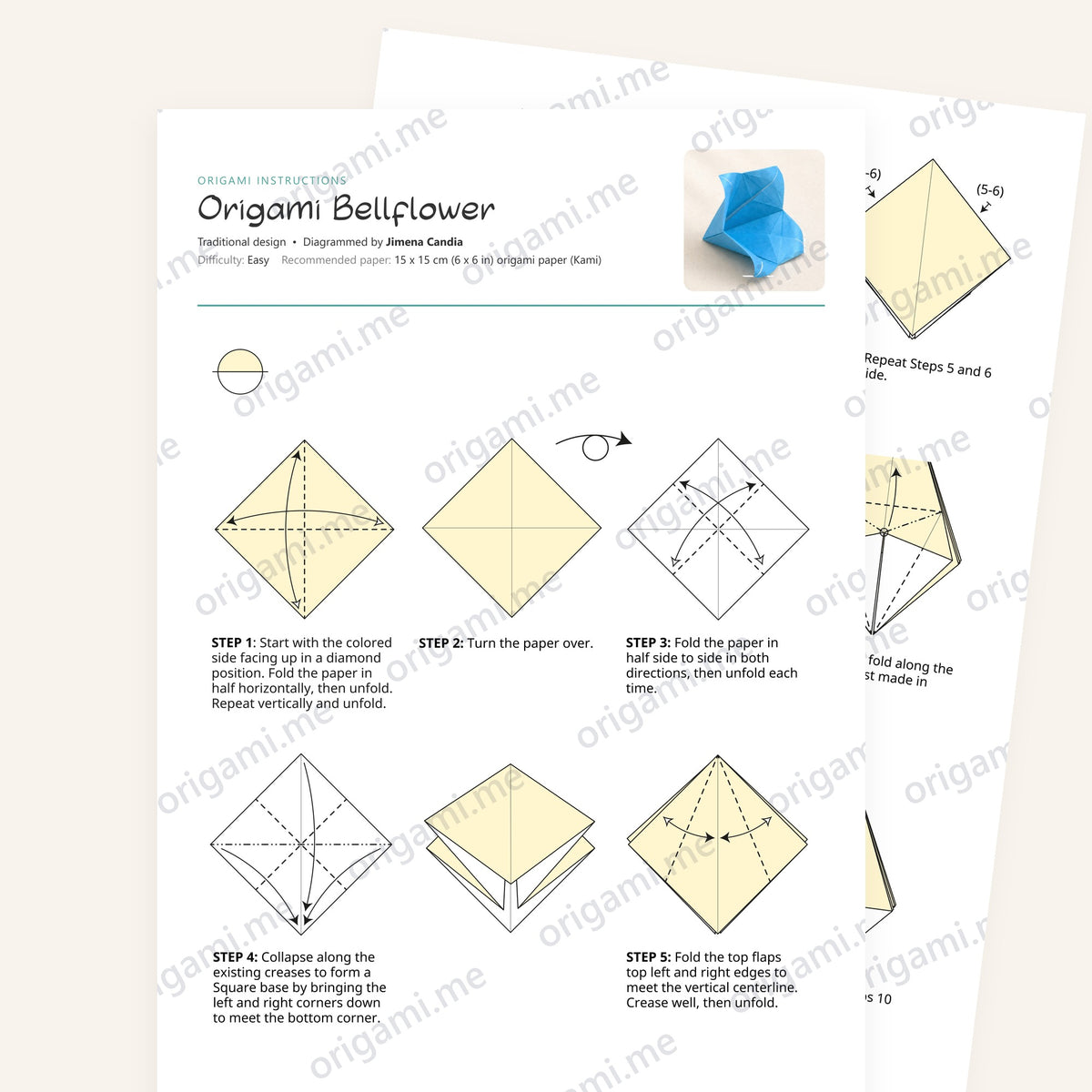Origami Bellflower Printable Instructions, a printable PDF of step-by-step origami folding diagrams