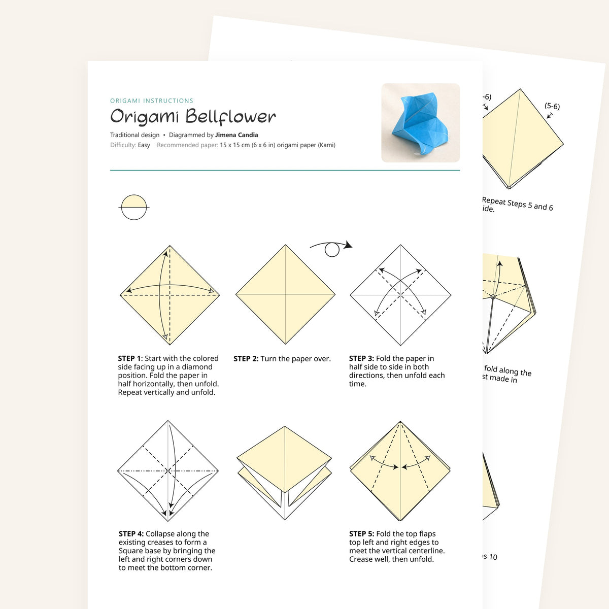 Origami Bellflower Printable Instructions, a printable PDF of step-by-step origami folding diagrams