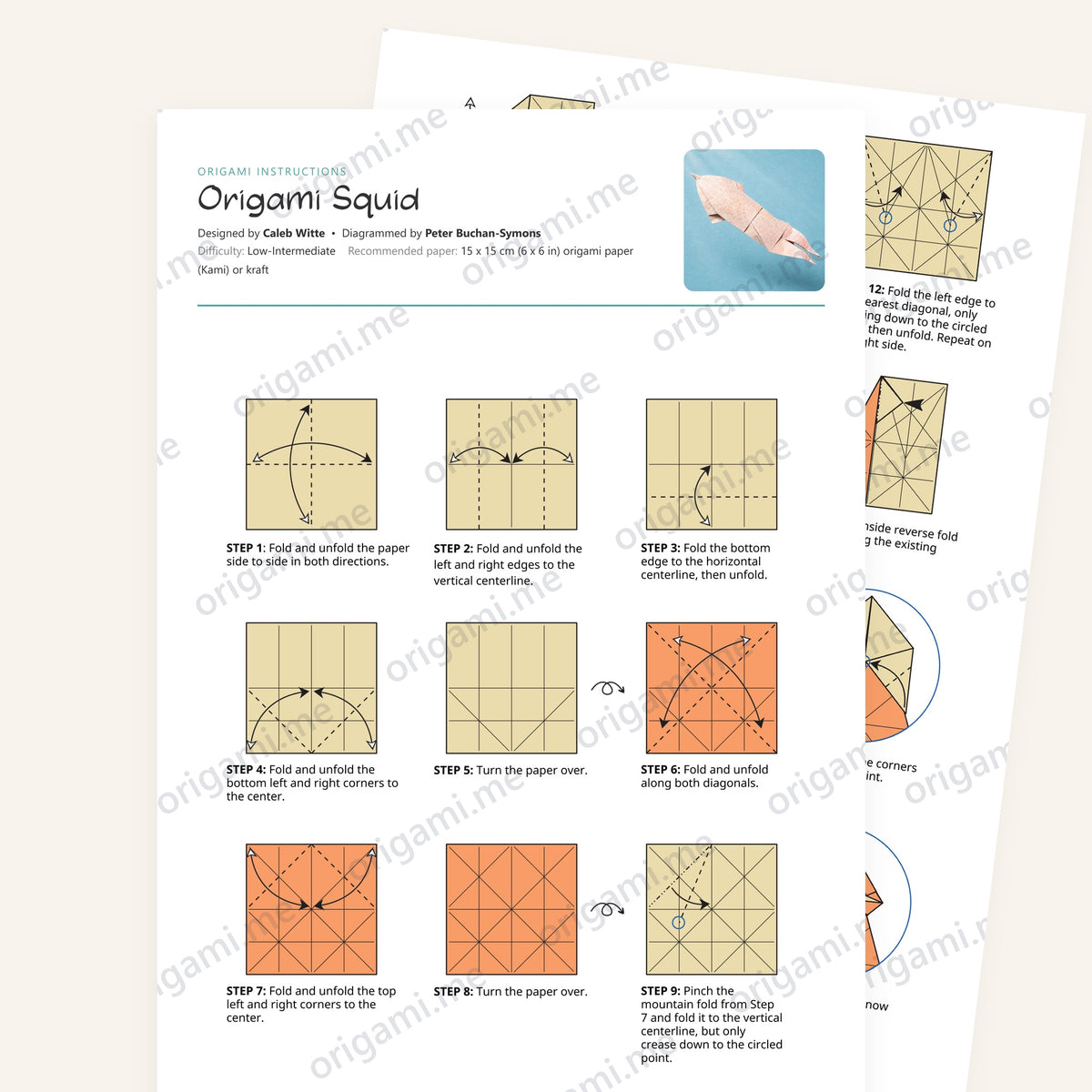 Origami Squid Printable Instructions, a printable PDF of step-by-step origami folding diagrams