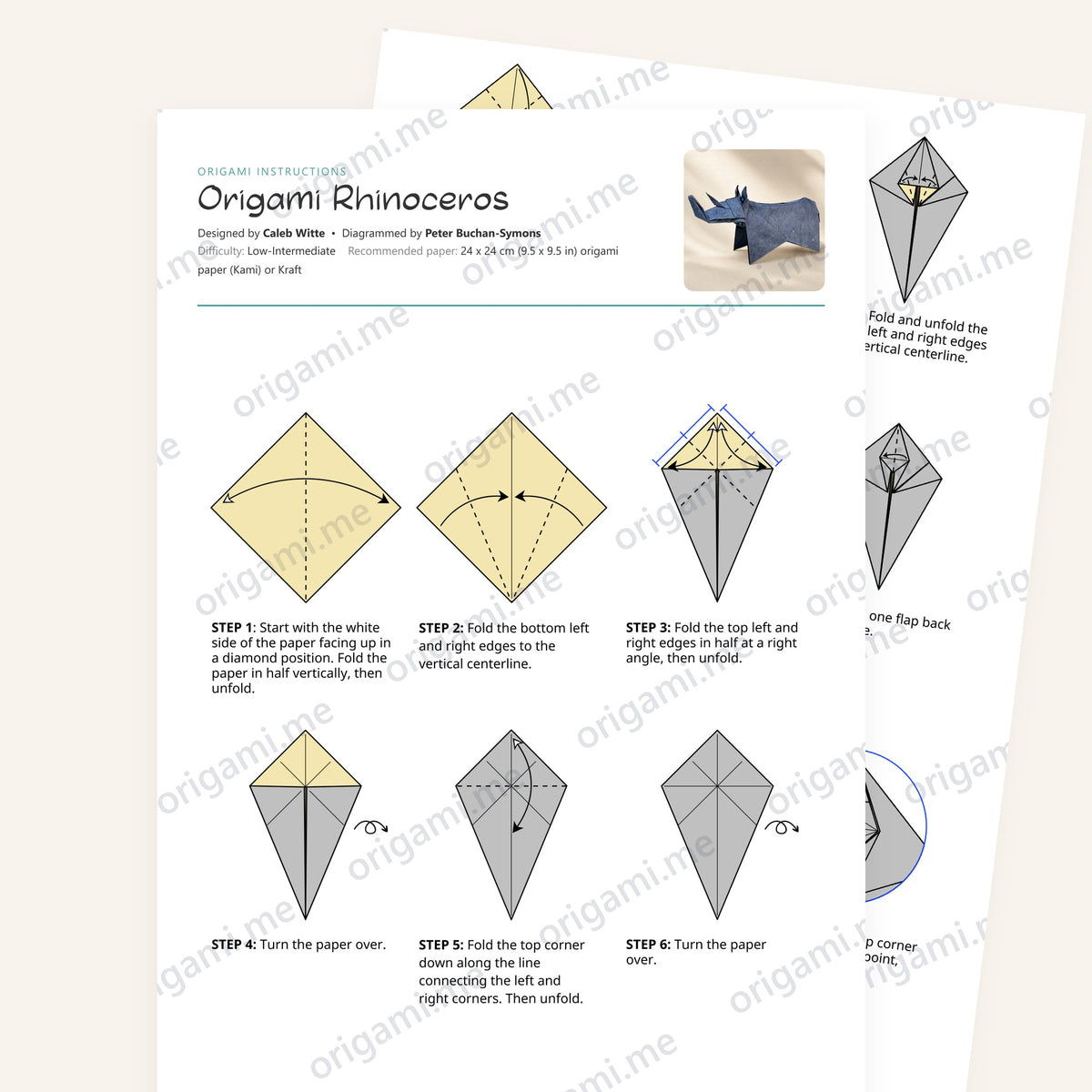 Origami Rhinoceros Printable Instructions, a printable PDF of step-by-step origami folding diagrams