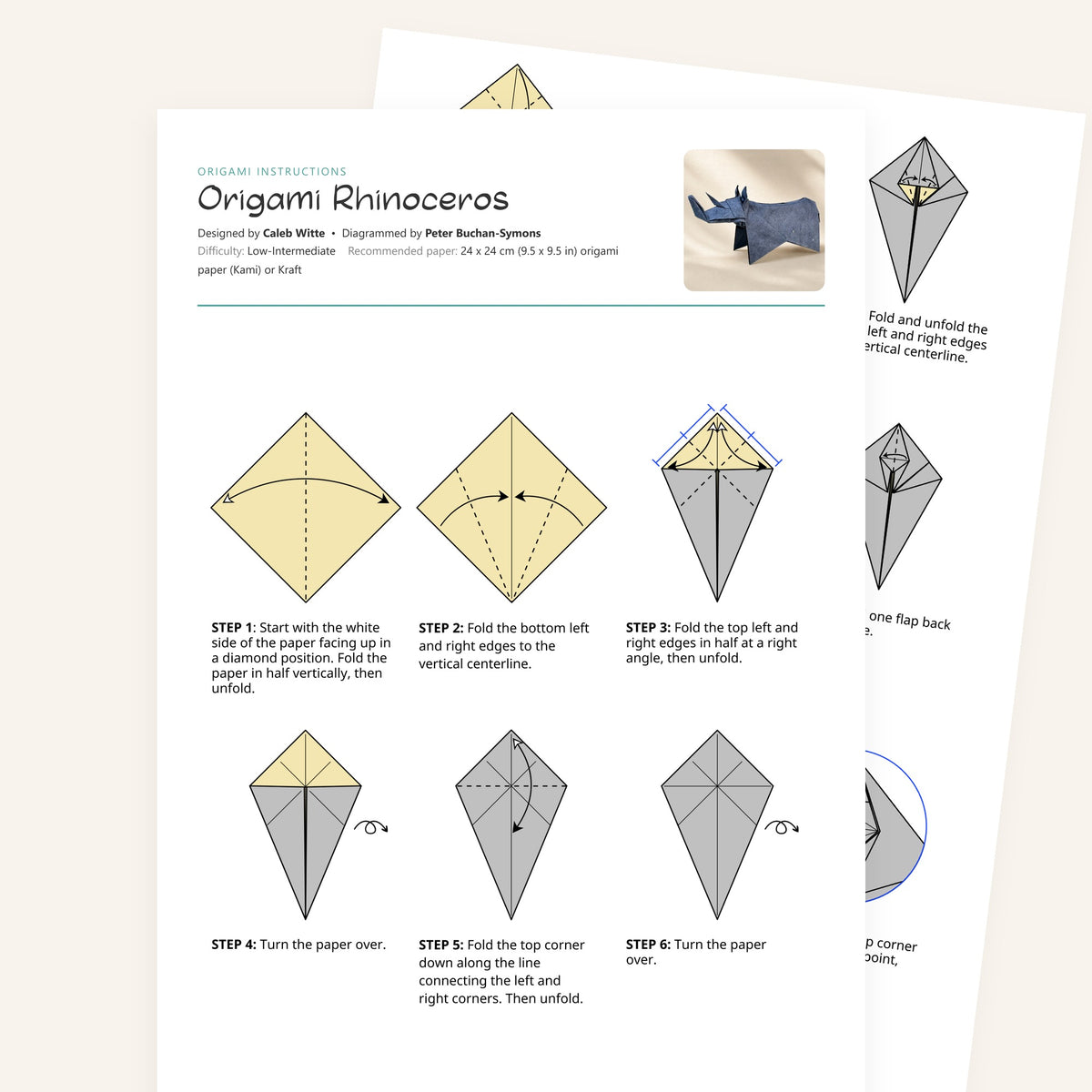 Origami Rhinoceros Printable Instructions, a printable PDF of step-by-step origami folding diagrams