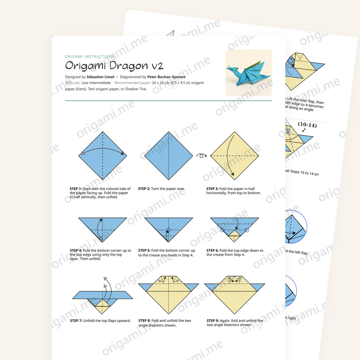 Origami Dragon v2 Printable Instructions, a printable PDF of step-by-step origami folding diagrams