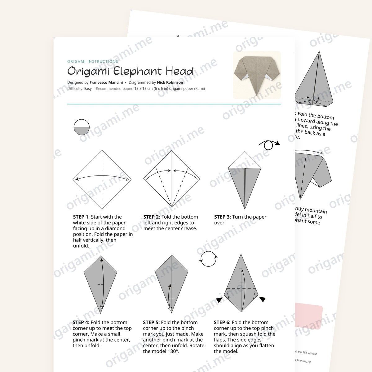Origami Elephant Head Printable Instructions, a printable PDF of step-by-step origami folding diagrams