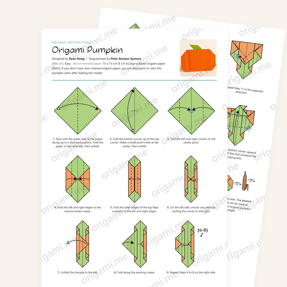Origami Pumpkin Printable Instructions, a printable PDF of step-by-step origami folding diagrams