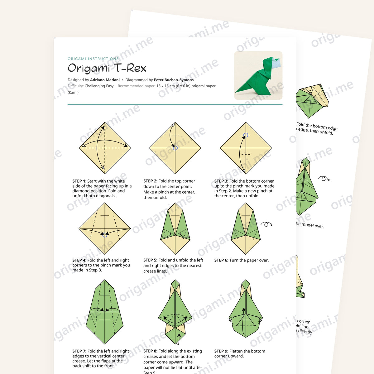 Origami T-Rex Printable Instructions, a printable PDF of step-by-step origami folding diagrams