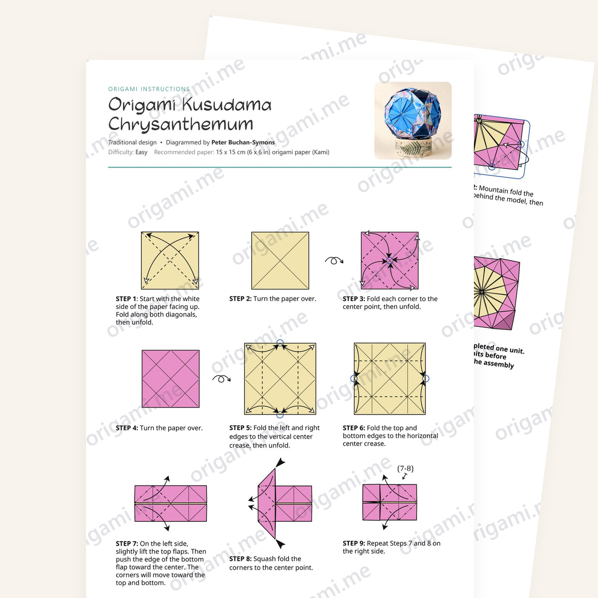 Origami Kusudama Chrysanthemum Printable Instructions, a printable PDF of step-by-step origami folding diagrams